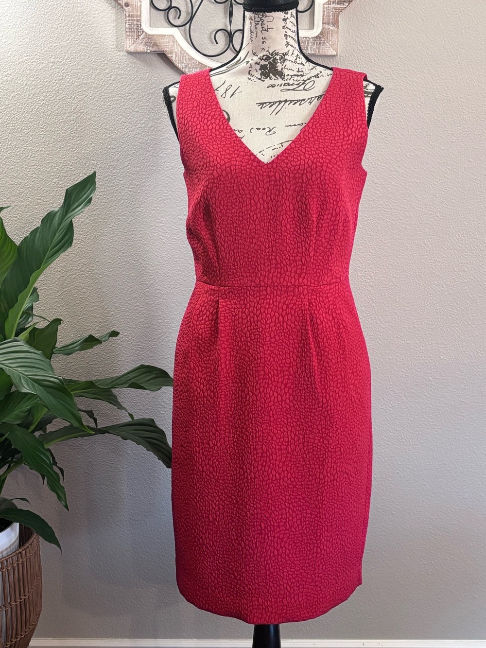 Ann Taylor Raspberry Red V-Neck Midi Sheath Dress